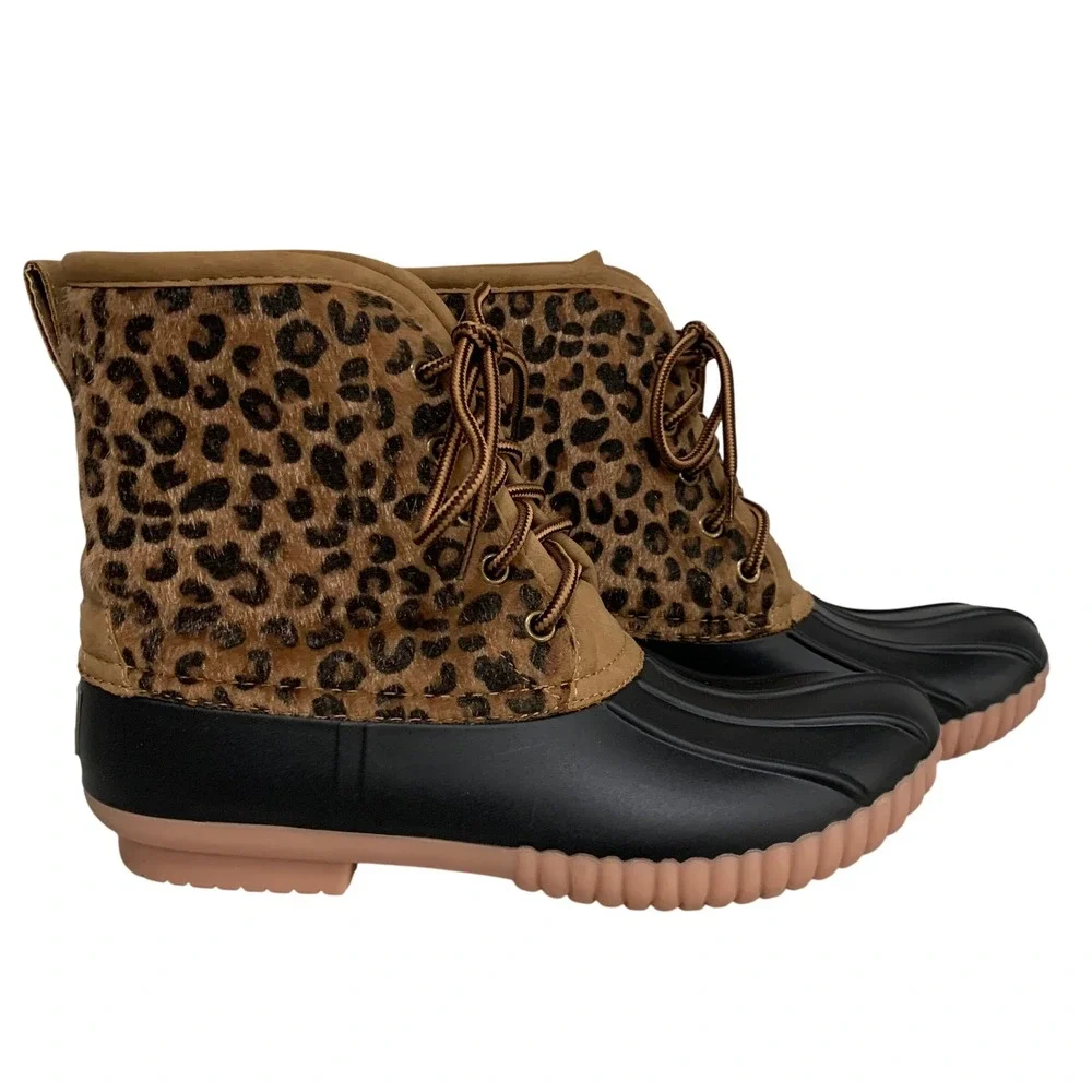 Marleylilly Women's Leopard‎ Print Duck Boots Waterproof Faux Fur Size 8